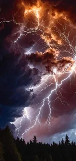 Vibrant lightning storm over dark forest landscape with dramatic clouds.