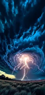 Fierce lightning storm under a swirling dark blue sky.