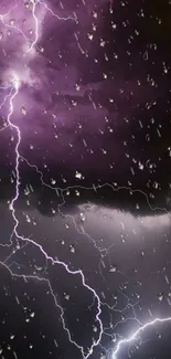 Purple lightning storm in dark sky with raindrops effect on mobile wallpaper.