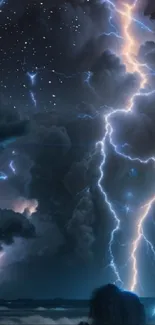 Dramatic night lightning storm with bright bolts.