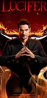 Lucifer seated in a dark, fiery themed wallpaper.