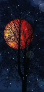 Silhouette tree with a red moon in the night sky mobile wallpaper.