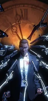 Man in suit surrounded by clocks and mechanical hands in dark artwork.