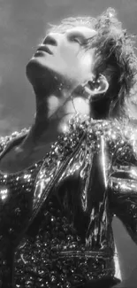 Monochrome image of a dramatic performer in a shimmering outfit looking upwards.