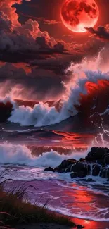Red moon with dramatic ocean waves under a night sky.