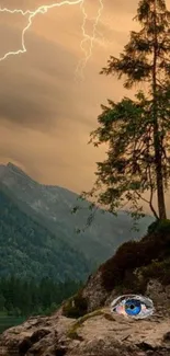 Surreal mountain landscape with eye and lightning.