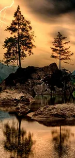 Dramatic mountain lake with lightning and tree reflection.