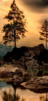 Lightning strikes over rocky landscape with trees, reflected in water.