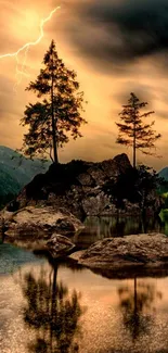 Lightning strikes over serene waters with towering trees in dramatic landscape.