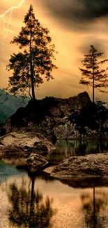 Dramatic landscape with lightning and trees reflected on a calm lake.