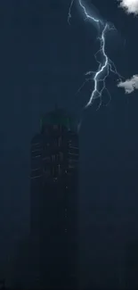 Lightning strikes over a dark cityscape at night.