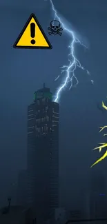 Dramatic city skyline with lightning at night.