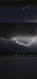 Dramatic lightning flashing in dark night sky.