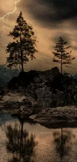 Nighttime landscape with lightning and tree reflections on calm water.