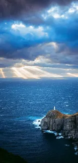 Dramatic ocean scene with a lighthouse and dynamic sky.