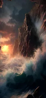 Dramatic ocean scene with cliffs and sunset.