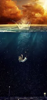 Dramatic scene of the ocean with a sunset and a figure sinking beneath the waves.