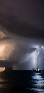 Ship in a lightning storm over the ocean at night.