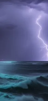 Lightning storm over ocean with dramatic waves and purple sky.