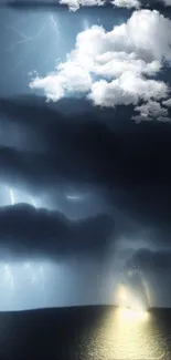 Dramatic ocean view with dark clouds and lightning.