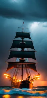 Dramatic ship sailing through stormy ocean waves, lit against a dark sky.