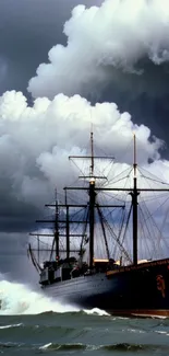 Historic ship sailing through stormy ocean waves, capturing dramatic nautical scene.