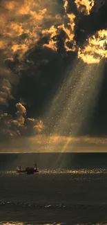 Dramatic ocean with sunlight breaking through clouds illuminating a small boat.