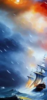 Painting of a ship in a dramatic ocean storm with vibrant sky.