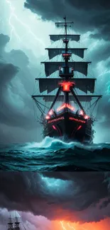 Dramatic ship in a storm with lightning and fiery skies wallpaper.