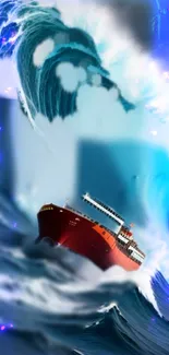 Red ship navigates massive blue ocean waves in a dramatic scene wallpaper.