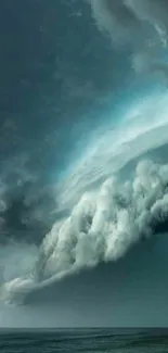 Dramatic ocean storm with dark clouds and turbulent waves.