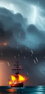 Dramatic ship sailing through ocean storm with vibrant lightning.