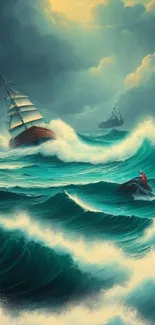 Ship battling waves in a dramatic ocean storm wallpaper.