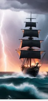 A ship sails through a lightning storm at sea, creating a dramatic scene.