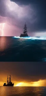 Ship amidst ocean storm with lightning and sunset.