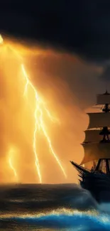 Sailing ship amidst ocean storm with lightning in a dramatic sky.