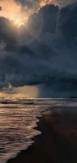 Dramatic ocean storm with dark clouds and crashing waves.