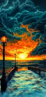 Dramatic sunset over a stormy ocean with a pier.