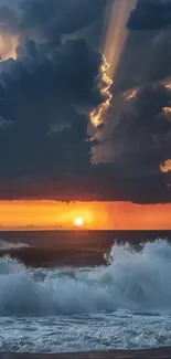 Stunning ocean sunset with dramatic clouds and waves.