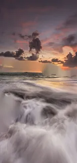 Dramatic ocean sunset with waves crashing in vibrant hues.