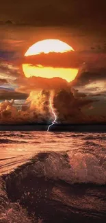 Stunning sunset over ocean with lightning bolt and dramatic clouds.