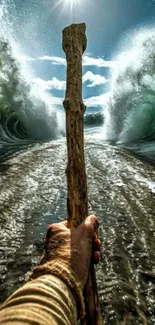 A dramatic ocean view with parting waves and a wooden staff.