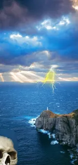 Dramatic ocean view with lightning and skull on cliffs.