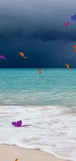 Stormy ocean view with dramatic teal sea and dark sky.