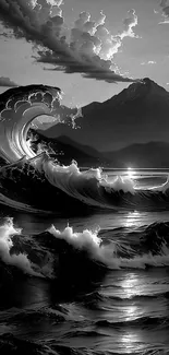 Monochrome ocean wave with mountain backdrop.