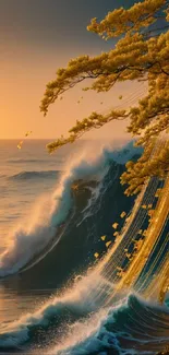 Dramatic ocean wave with golden leaves at sunset.