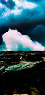 Dramatic ocean wave crashing under dark teal sky.