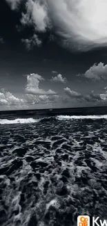 Dramatic black and white ocean waves under cloudy sky wallpaper.