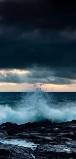 Dramatic ocean waves crashing against rocky shore under a stormy sky.