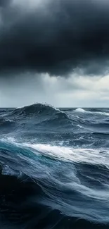 Stormy ocean waves beneath a dark sky.